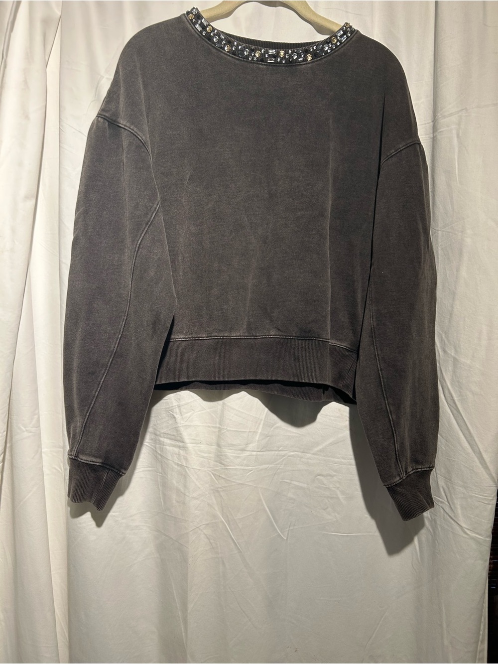 Scoop Charcoal Jeweled Rhinestone Neck Sweatshirt Medium 8-10